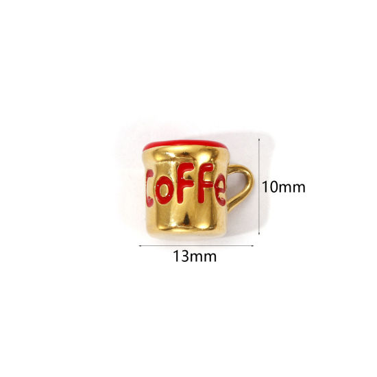 Picture of 1 Piece Eco-friendly PVD Vacuum Plating 304 Stainless Steel Charms 18K Real Gold Plated Red Enamel Cup Message " COFFEE " 3D 13mm x 10mm