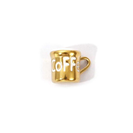Picture of 1 Piece Eco-friendly PVD Vacuum Plating 304 Stainless Steel Charms 18K Real Gold Plated White Enamel Cup Message " COFFEE " 3D 13mm x 10mm