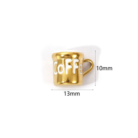 Picture of 1 Piece Eco-friendly PVD Vacuum Plating 304 Stainless Steel Charms 18K Real Gold Plated White Enamel Cup Message " COFFEE " 3D 13mm x 10mm