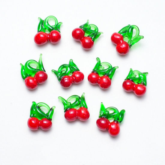 Imagen de 5 PCs Lampwork Glass Charms Red Cherry Fruit 20mm x 20mm