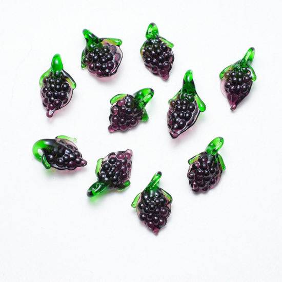 Imagen de 5 PCs Lampwork Glass Charms Dark Purple Grape Fruit 30mm x 15mm