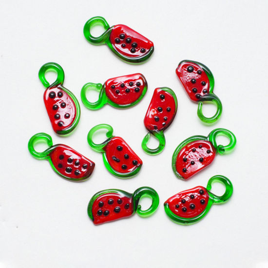 Imagen de 5 PCs Lampwork Glass Charms Red Watermelon Fruit 30mm x 15mm