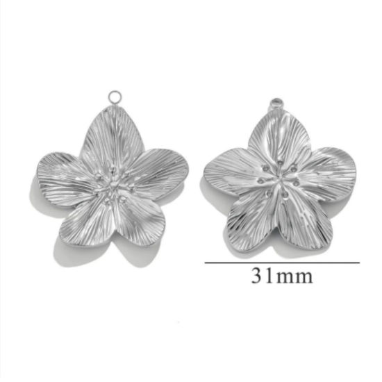 Picture of 5 PCs 304 Stainless Steel Retro Pendants Silver Tone Flower 31mm x 35mm