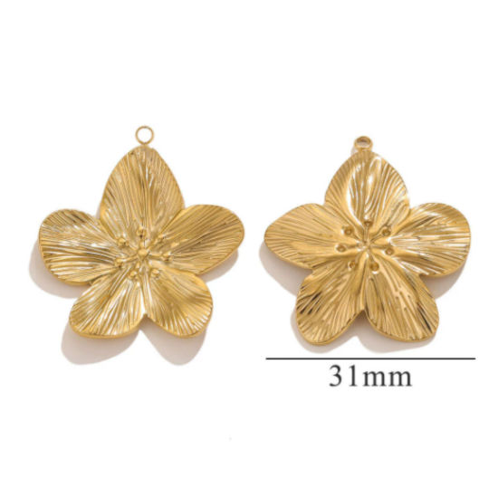 Picture of 5 PCs Eco-friendly PVD Vacuum Plating 304 Stainless Steel Retro Pendants 18K Gold Plated Flower 31mm x 35mm