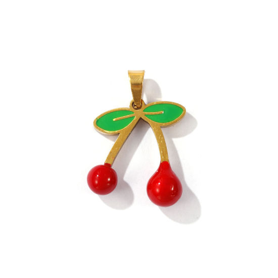 Immagine di 1 Pz Placcatura Sottovuoto PVD Ecologica 304 Acciaio Inossidabile 3D Ciondoli Placcato Oro 18K Rosso & Verde Ciliegia Smalto 25mm x 17mm