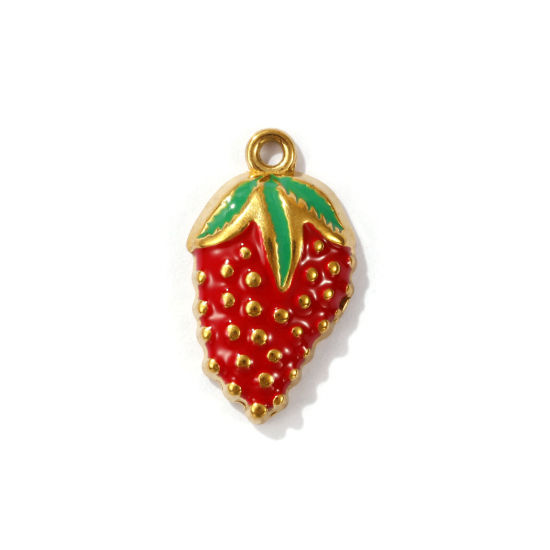 Immagine di 1 Pz Placcatura Sottovuoto PVD Ecologica 304 Acciaio Inossidabile 3D Ciondoli Placcato Oro 18K Rosso & Verde Fragola Smalto 22mm x 12.5mm