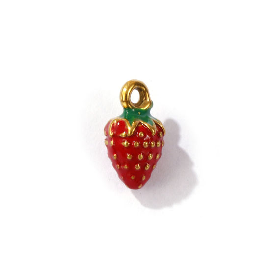 Immagine di 1 Pz Placcatura Sottovuoto PVD Ecologica 304 Acciaio Inossidabile 3D Ciondoli Placcato Oro 18K Rosso Fragola Smalto 11mm x 6mm