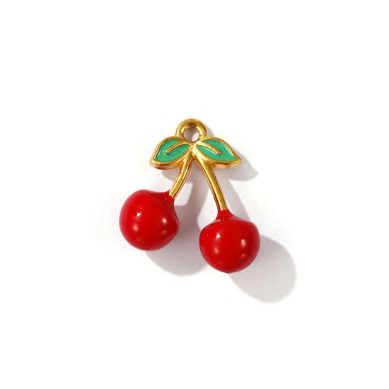 Immagine di 1 Pz Placcatura Sottovuoto PVD Ecologica 304 Acciaio Inossidabile 3D Ciondoli Placcato Oro 18K Rosso Ciliegia Smalto 17mm x 16mm