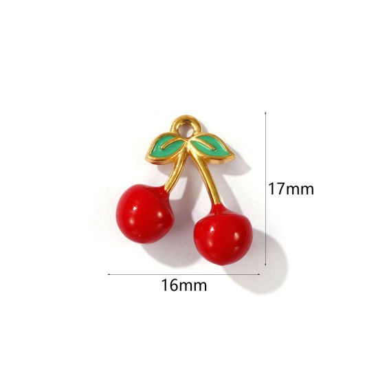Immagine di 1 Pz Placcatura Sottovuoto PVD Ecologica 304 Acciaio Inossidabile 3D Ciondoli Placcato Oro 18K Rosso Ciliegia Smalto 17mm x 16mm
