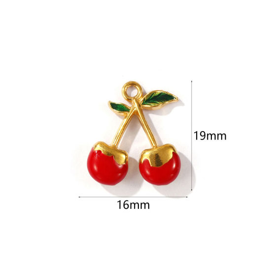 Immagine di 1 Pz Placcatura Sottovuoto PVD Ecologica 304 Acciaio Inossidabile 3D Ciondoli Placcato Oro 18K Rosso Ciliegia Smalto 19mm x 16mm