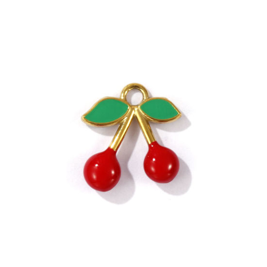 Immagine di 1 Pz Placcatura Sottovuoto PVD Ecologica 304 Acciaio Inossidabile 3D Ciondoli Placcato Oro 18K Rosso & Verde Ciliegia Smalto 15mm x 15mm