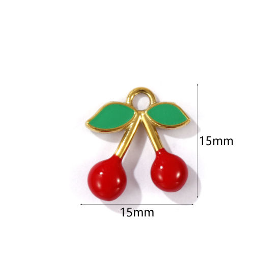 Immagine di 1 Pz Placcatura Sottovuoto PVD Ecologica 304 Acciaio Inossidabile 3D Ciondoli Placcato Oro 18K Rosso & Verde Ciliegia Smalto 15mm x 15mm