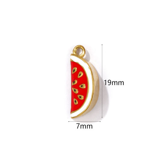 Immagine di 1 Pz Placcatura Sottovuoto PVD Ecologica 304 Acciaio Inossidabile 3D Ciondoli Placcato Oro 18K Rosso Anguria Smalto 19mm x 7mm