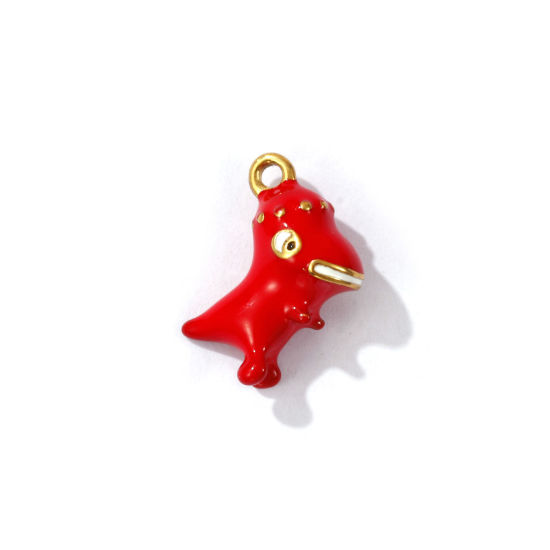 Bild von 1 Piece Eco-friendly PVD Vacuum Plating 304 Stainless Steel 3D Charms 18K Gold Plated Red Dinosaur Animal Enamel 14mm x 12mm