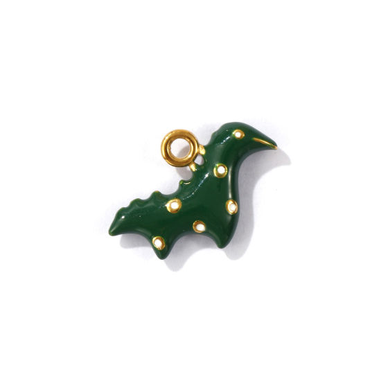 Bild von 1 Piece Eco-friendly PVD Vacuum Plating 304 Stainless Steel 3D Charms 18K Gold Plated Dark Green Dinosaur Animal Enamel 18mm x 12mm