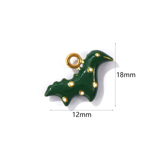 Bild von 1 Piece Eco-friendly PVD Vacuum Plating 304 Stainless Steel 3D Charms 18K Gold Plated Dark Green Dinosaur Animal Enamel 18mm x 12mm