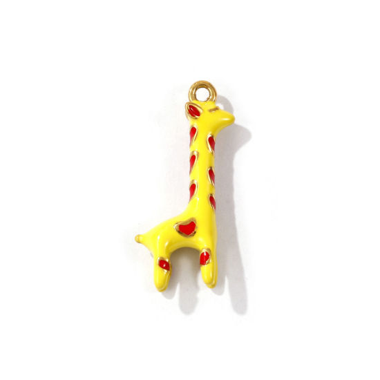 Bild von 1 Piece Eco-friendly PVD Vacuum Plating 304 Stainless Steel 3D Charms 18K Gold Plated Yellow Giraffe Animal Enamel 24mm x 13mm
