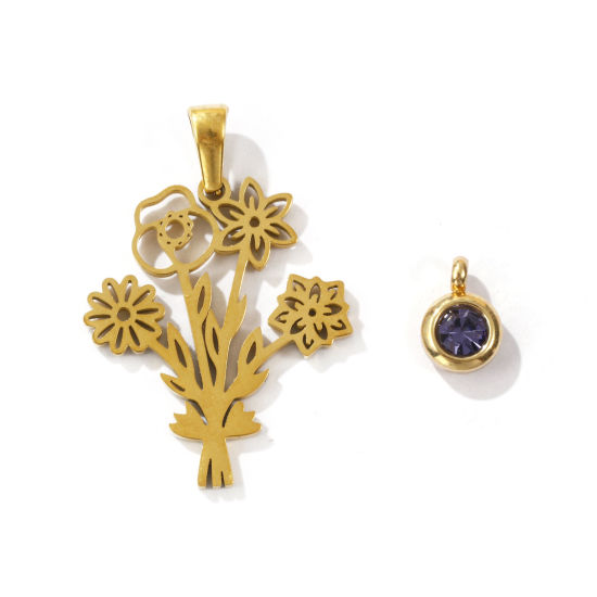 Picture of 1 Set Eco-friendly PVD Vacuum Plating 304 Stainless Steel February Birthstone Charm Pendant 18K Gold Plated Purple Round Flower 31x21mm 9x6.5mm