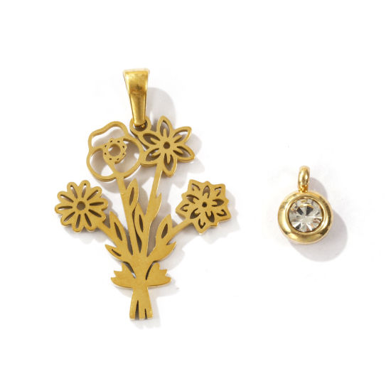 Picture of 1 Set Eco-friendly PVD Vacuum Plating 304 Stainless Steel April Birthstone Charm Pendant 18K Gold Plated Transparent Clear Round Flower 31x21mm 9x6.5mm