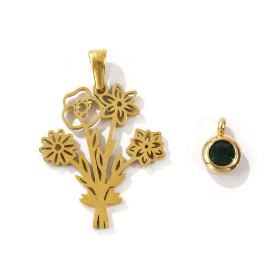 Picture of 1 Set Eco-friendly PVD Vacuum Plating 304 Stainless Steel May Birthstone Charm Pendant 18K Gold Plated Emerald Round Flower 31x21mm 9x6.5mm