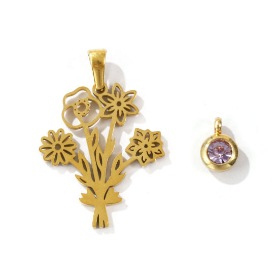 Picture of 1 Set Eco-friendly PVD Vacuum Plating 304 Stainless Steel June Birthstone Charm Pendant 18K Gold Plated Mauve Round Flower 31x21mm 9x6.5mm
