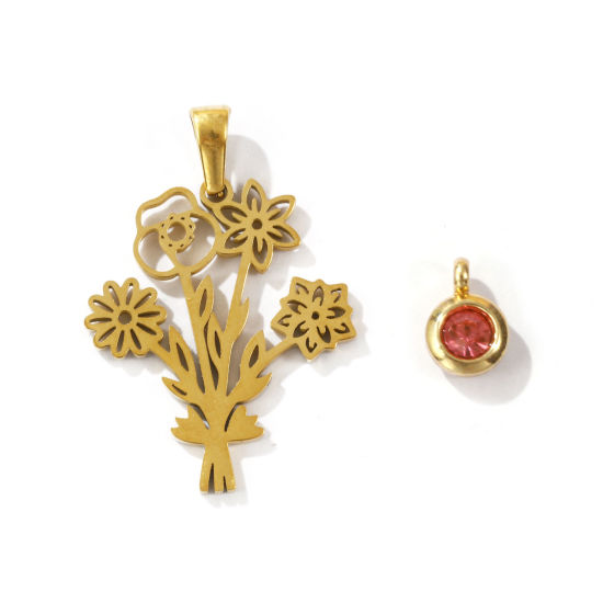 Picture of 1 Set Eco-friendly PVD Vacuum Plating 304 Stainless Steel July Birthstone Charm Pendant 18K Gold Plated Pink Round Flower 31x21mm 9x6.5mm