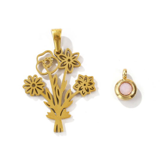 Picture of 1 Set Eco-friendly PVD Vacuum Plating 304 Stainless Steel October Birthstone Charm Pendant 18K Gold Plated Light Pink Round Flower 31x21mm 9x6.5mm