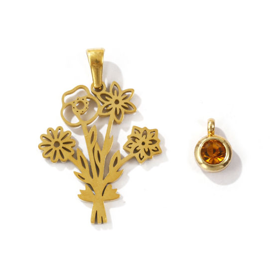 Picture of 1 Set Eco-friendly PVD Vacuum Plating 304 Stainless Steel November Birthstone Charm Pendant 18K Gold Plated Champagne Round Flower 31x21mm 9x6.5mm
