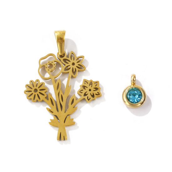 Picture of 1 Set Eco-friendly PVD Vacuum Plating 304 Stainless Steel December Birthstone Charm Pendant 18K Gold Plated Green Blue Round Flower 31x21mm 9x6.5mm