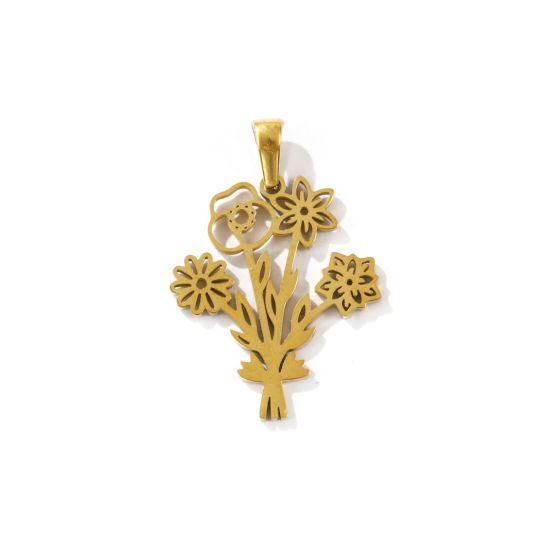 Picture of 2 PCs Eco-friendly PVD Vacuum Plating 304 Stainless Steel Birthstone Pendants 18K Gold Plated Flower Hollow 31mm x 21mm
