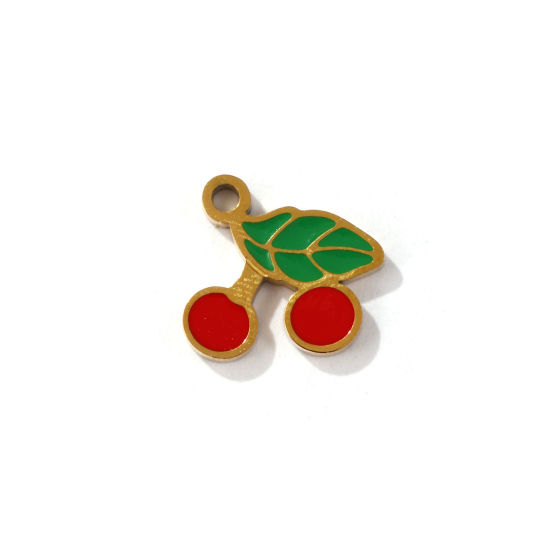 Immagine di 2 Pz Placcatura Sottovuoto PVD Ecologica 304 Acciaio Inossidabile Collezione Flora Ciondoli Placcato Oro 18K Rosso & Verde Ciliegia Smalto 12mm x 11mm