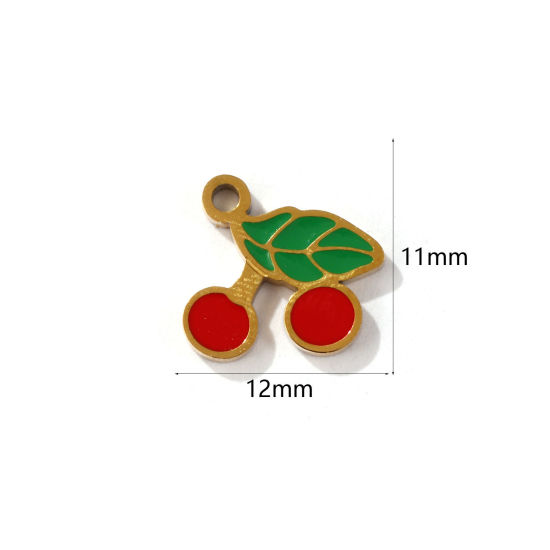 Immagine di 2 Pz Placcatura Sottovuoto PVD Ecologica 304 Acciaio Inossidabile Collezione Flora Ciondoli Placcato Oro 18K Rosso & Verde Ciliegia Smalto 12mm x 11mm