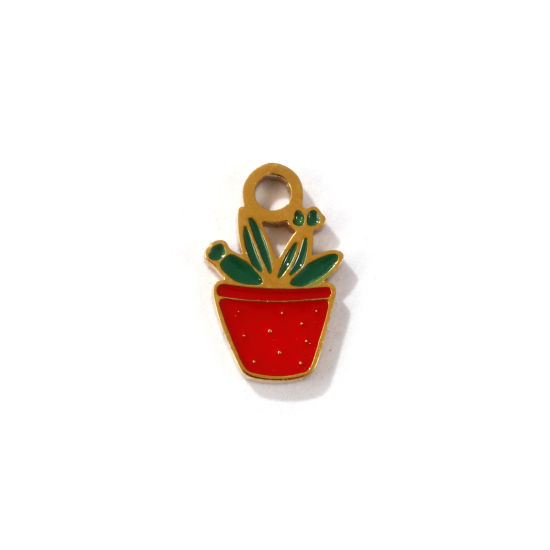 Immagine di 2 Pz Placcatura Sottovuoto PVD Ecologica 304 Acciaio Inossidabile Collezione Flora Ciondoli Placcato Oro 18K Rosso & Verde Pianta in Caso Smalto 11mm x 7mm