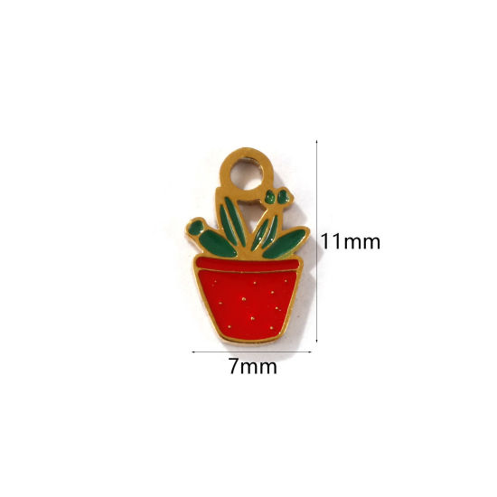 Immagine di 2 Pz Placcatura Sottovuoto PVD Ecologica 304 Acciaio Inossidabile Collezione Flora Ciondoli Placcato Oro 18K Rosso & Verde Pianta in Caso Smalto 11mm x 7mm