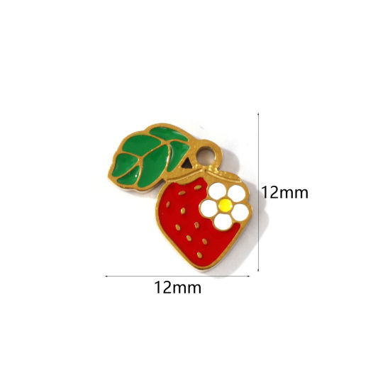 Immagine di 2 Pz Placcatura Sottovuoto PVD Ecologica 304 Acciaio Inossidabile Collezione Flora Ciondoli Placcato Oro 18K Rosso Fragola Smalto 12mm x 12mm