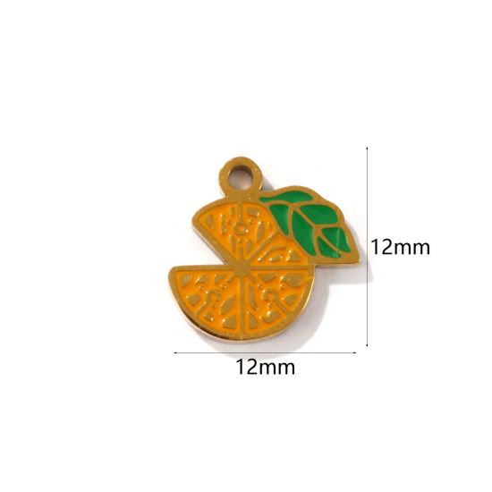 Immagine di 2 Pz Placcatura Sottovuoto PVD Ecologica 304 Acciaio Inossidabile Collezione Flora Ciondoli Placcato Oro 18K Arancione Arancia Smalto 12mm x 12mm