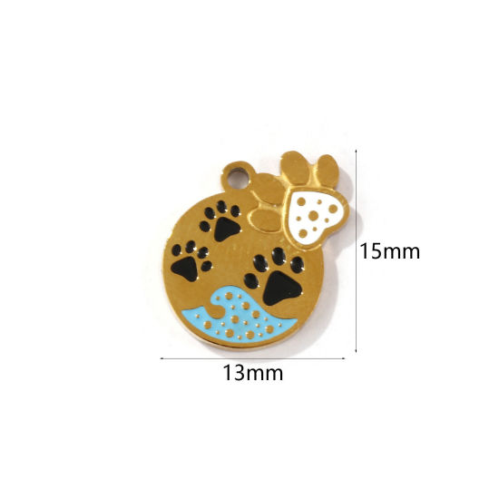 Picture of 2 PCs Eco-friendly PVD Vacuum Plating 304 Stainless Steel Pet Memorial Charms 18K Gold Plated Round Paw Print Enamel 15mm x 13mm