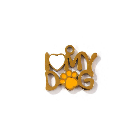 Picture of 2 PCs Eco-friendly PVD Vacuum Plating 304 Stainless Steel Pet Memorial Charms 18K Gold Plated Heart Paw Print Enamel 15mm x 13mm