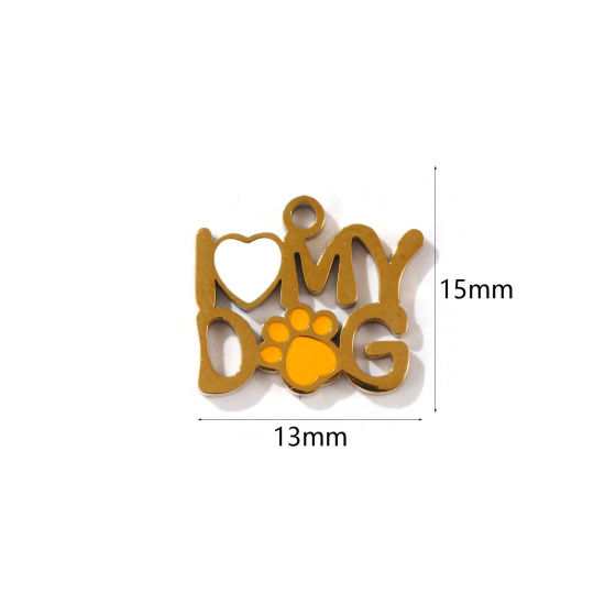 Picture of 2 PCs Eco-friendly PVD Vacuum Plating 304 Stainless Steel Pet Memorial Charms 18K Gold Plated Heart Paw Print Enamel 15mm x 13mm