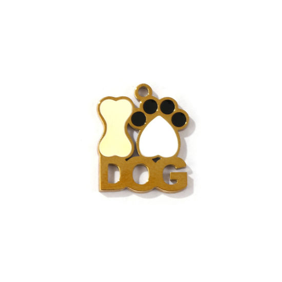 Picture of 2 PCs Eco-friendly PVD Vacuum Plating 304 Stainless Steel Pet Memorial Charms 18K Gold Plated Paw Print Bone Message " DOG " Enamel 17mm x 14mm