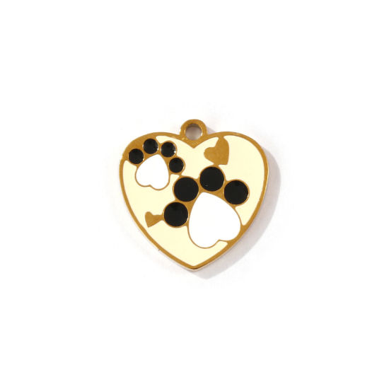 Picture of 2 PCs Eco-friendly PVD Vacuum Plating 304 Stainless Steel Pet Memorial Charms 18K Gold Plated Heart Paw Print Enamel 15.5mm x 15mm