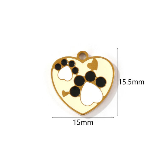 Picture of 2 PCs Eco-friendly PVD Vacuum Plating 304 Stainless Steel Pet Memorial Charms 18K Gold Plated Heart Paw Print Enamel 15.5mm x 15mm