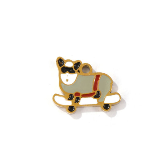 Picture of 2 PCs Eco-friendly PVD Vacuum Plating 304 Stainless Steel Pet Memorial Charms 18K Gold Plated Dog Animal Enamel 13mm x 11mm