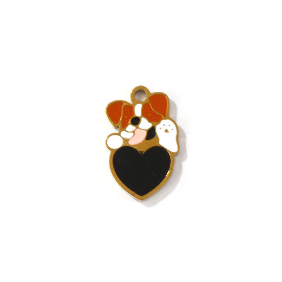Picture of 2 PCs Eco-friendly PVD Vacuum Plating 304 Stainless Steel Pet Memorial Charms 18K Gold Plated Dog Animal Heart Enamel 16mm x 10mm