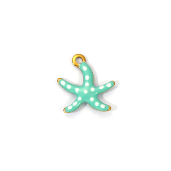 Изображение 5 ШТ Экологичное вакуумное PVD-покрытие 304 Нержавеющая Сталь Морские Украшения Подвески 18K настоящее золото с покрытием Зеленой Мяты С Эмалью Морская Звезда Пятнышко Мини 10.5мм x 10мм