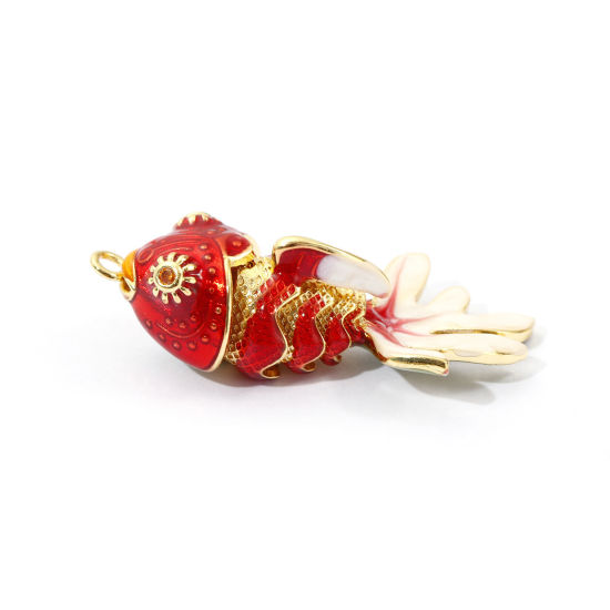 Immagine di 1 Piece Eco-friendly Brass Ocean Jewelry Pendants 18K Real Gold Plated Red Enamel Fish Animal Movable Orange Cubic Zirconia 3.6cm x 1.8cm