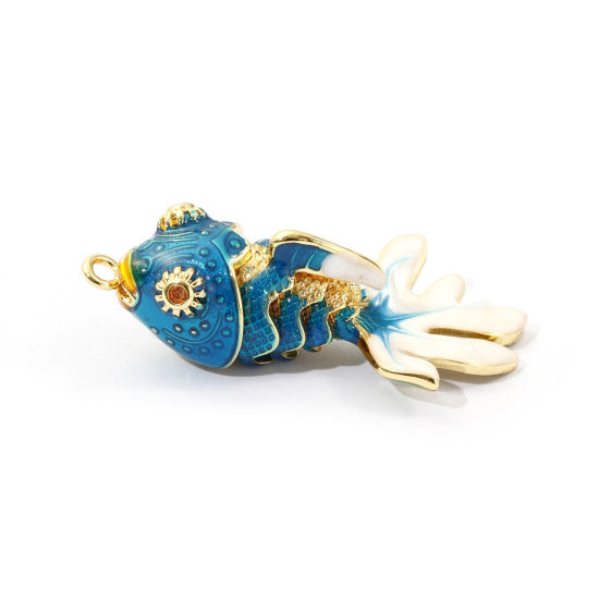 Immagine di 1 Piece Eco-friendly Brass Ocean Jewelry Pendants 18K Real Gold Plated Blue Enamel Fish Animal Movable Orange Cubic Zirconia 3.6cm x 1.8cm