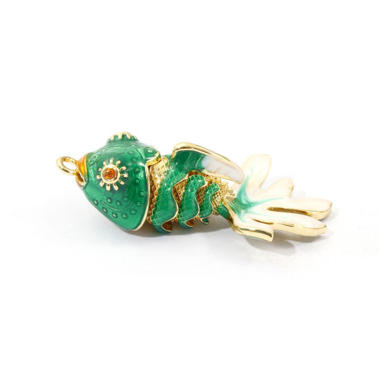 Immagine di 1 Piece Eco-friendly Brass Ocean Jewelry Pendants 18K Real Gold Plated Green Enamel Fish Animal Movable Orange Cubic Zirconia 3.6cm x 1.8cm