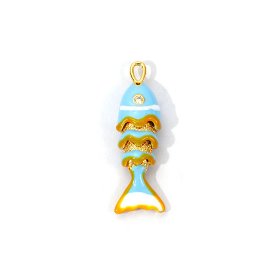 Picture of 1 Piece Eco-friendly Brass Ocean Jewelry Charms 18K Real Gold Plated Blue Enamel Fish Animal Movable Clear Cubic Zirconia 28mm x 9mm