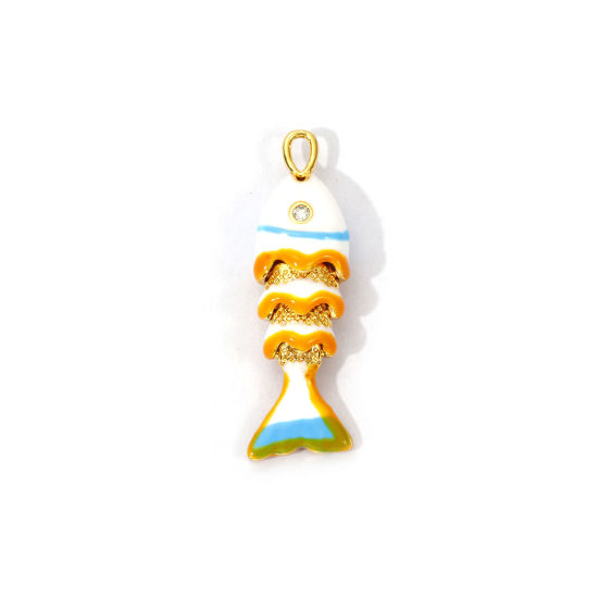 Picture of 1 Piece Eco-friendly Brass Ocean Jewelry Charms 18K Real Gold Plated White Enamel Fish Animal Movable Clear Cubic Zirconia 28mm x 9mm